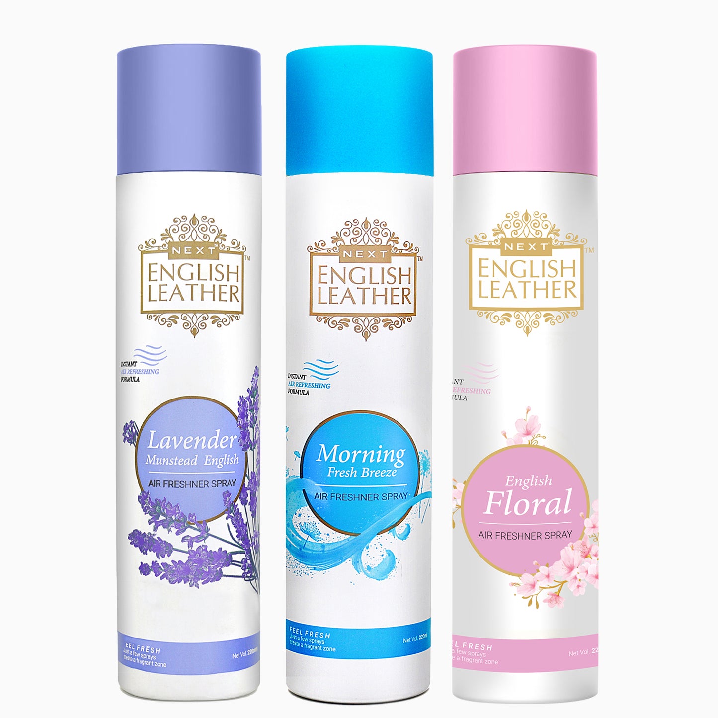 Pack of 3 Air Fresheners Spray (Next English Leather Lavender , Floral - and Morning Breeze ) - 220ML Each