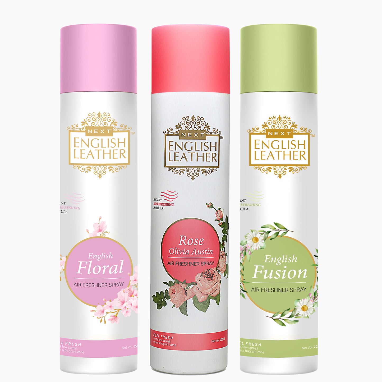 Pack of 3 Air Fresheners Spray (Next English Leather Floral , Rose and Fusion  ) - 220ML Each