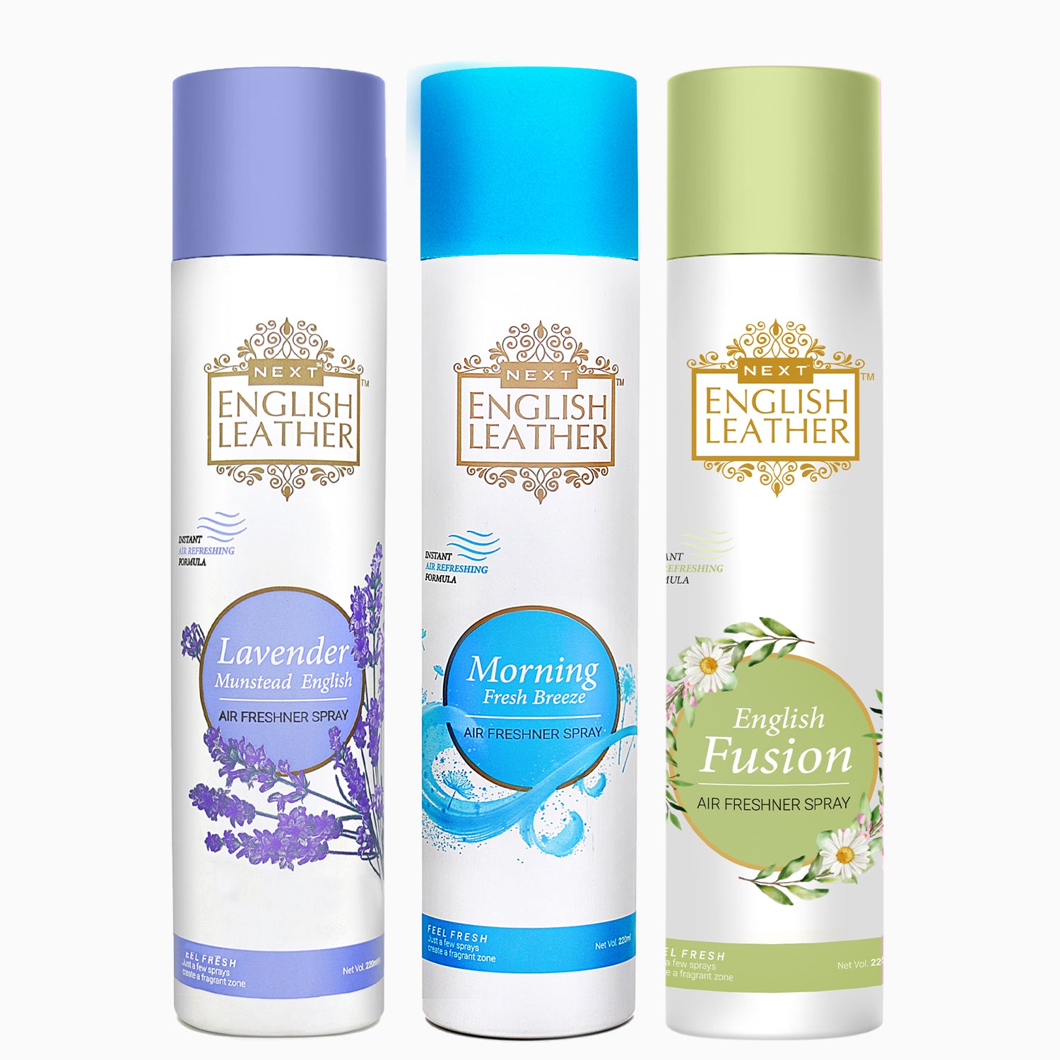 Pack of 3 Air Fresheners Spray (Next English Leather Lavender, Fresh Breeze, and Fusion ) - 220ML Each