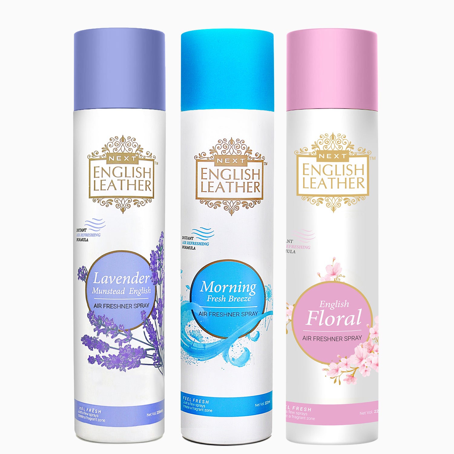 Pack of 3 Air Fresheners Spray (Next English Leather  Lavender  , Floral - and Morning Breeze ) - 220ML Each
