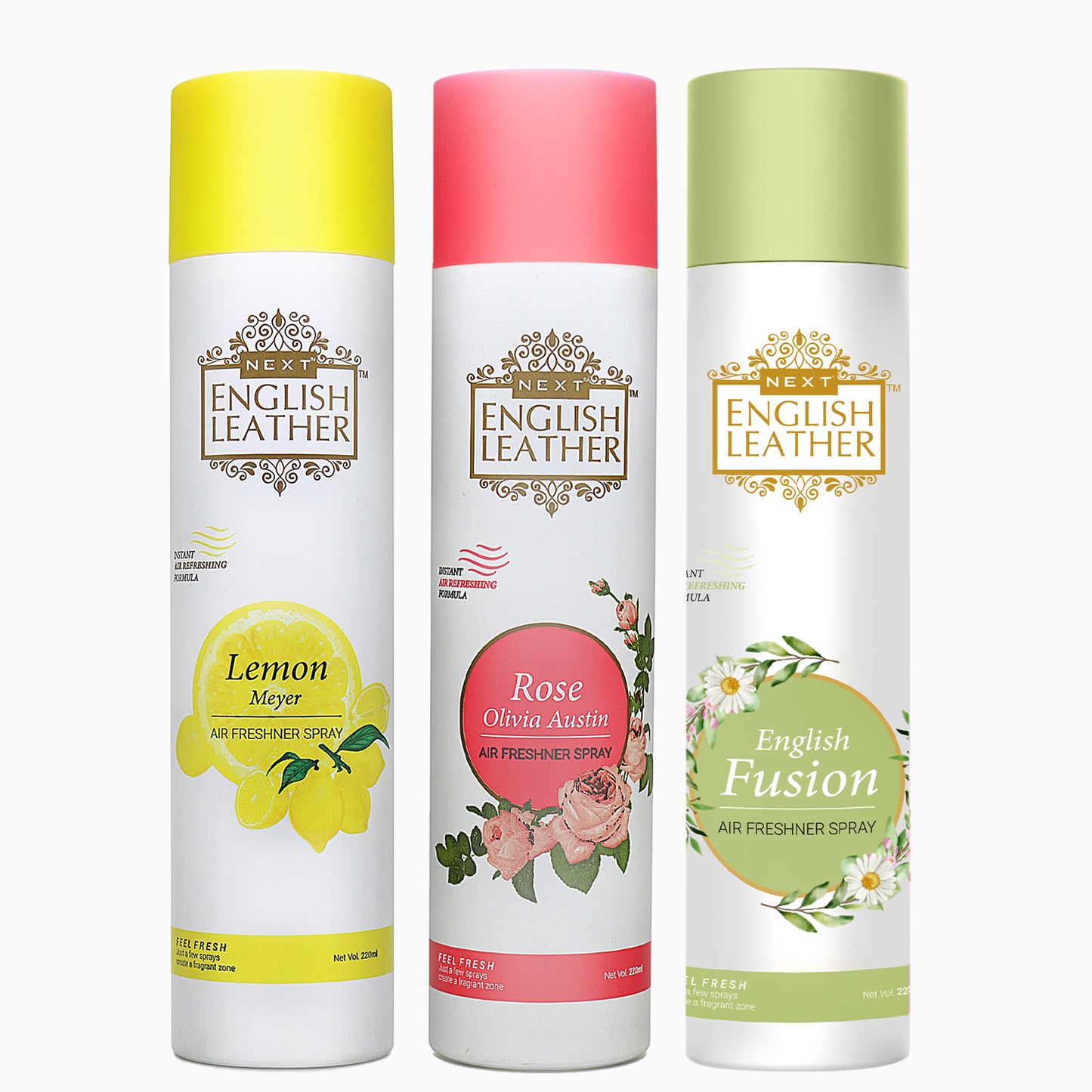 Pack of 3 Air Fresheners Spray (Next English Leather Lemon Meyer, ROSE-Olivia Austin and Fusion ) - 220ML Each