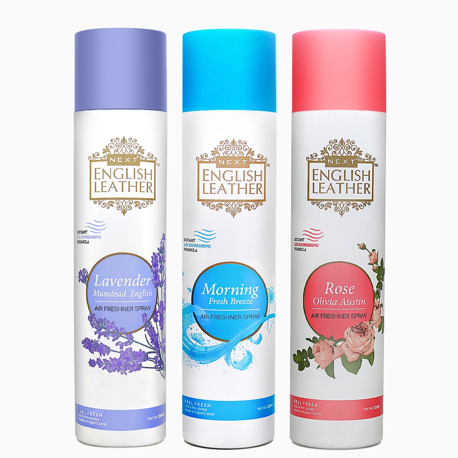 Pack of 3 Air Fresheners Spray (Next English Leather Lavender , ROSE-Olivia Austin ,  and Morning Breeze ) - 220ML Each