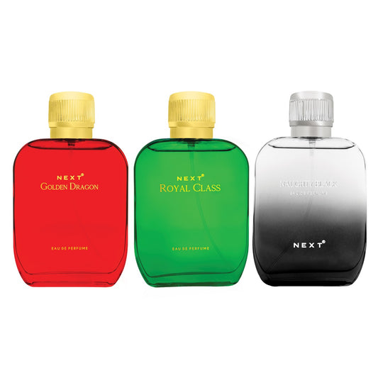 Next Combo Pack of 3 Perfumes | Golden Dragon , Naughty Black & Royal Class | 100ml each