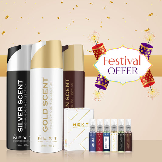 Set of 3 OUDH Deodorants - NEXT Gold, Silver & Arabian + NEXT Luxury Perfume Atomizer Set - 6x10 ml FREE
