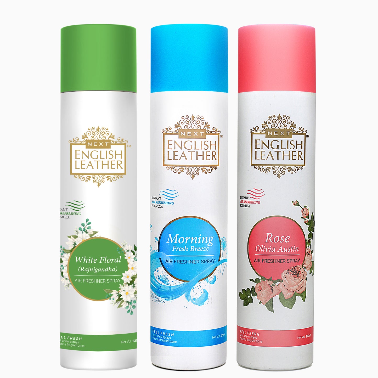 Pack of 3 Air Fresheners Spray (Next English Leather ROSE-Olivia Austin , White Floral - Rajnigandha - and Morning Breeze ) - 220ML Each