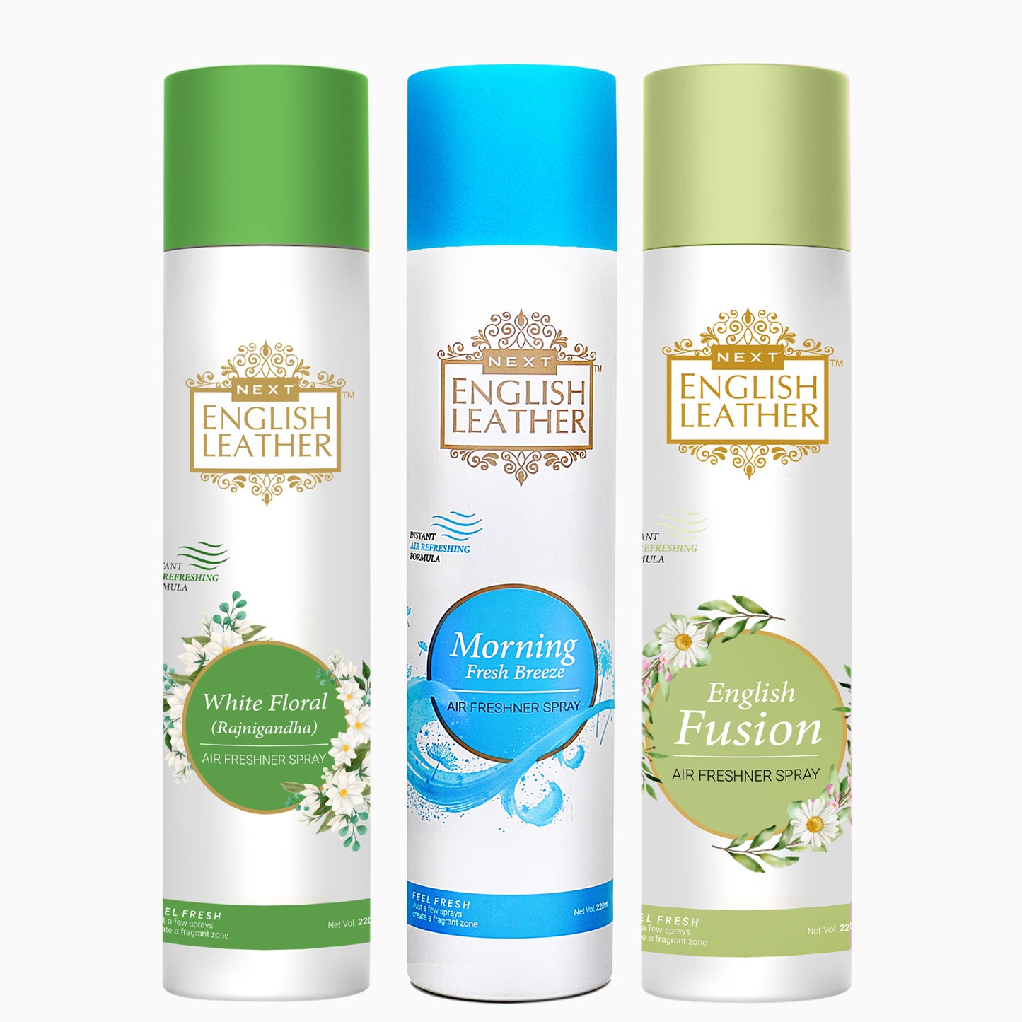 Pack of 3 Air Fresheners Spray (Next English Leather  Fusion , White Floral - Rajnigandha - and Morning Breeze ) - 220ML Each