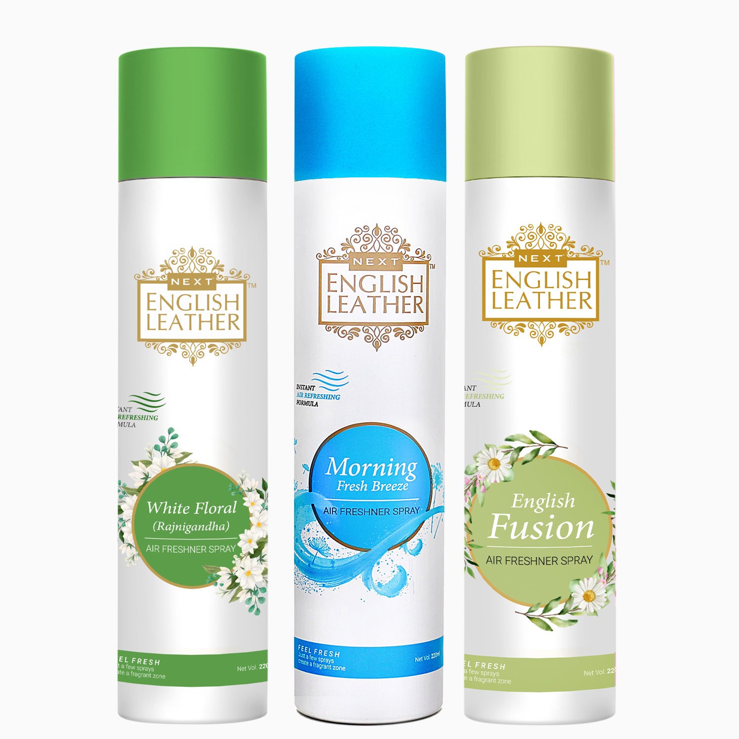 Pack of 3 Air Fresheners Spray (Next English Leather  Fusion , White Floral - Rajnigandha - and Morning Breeze ) - 220ML Each