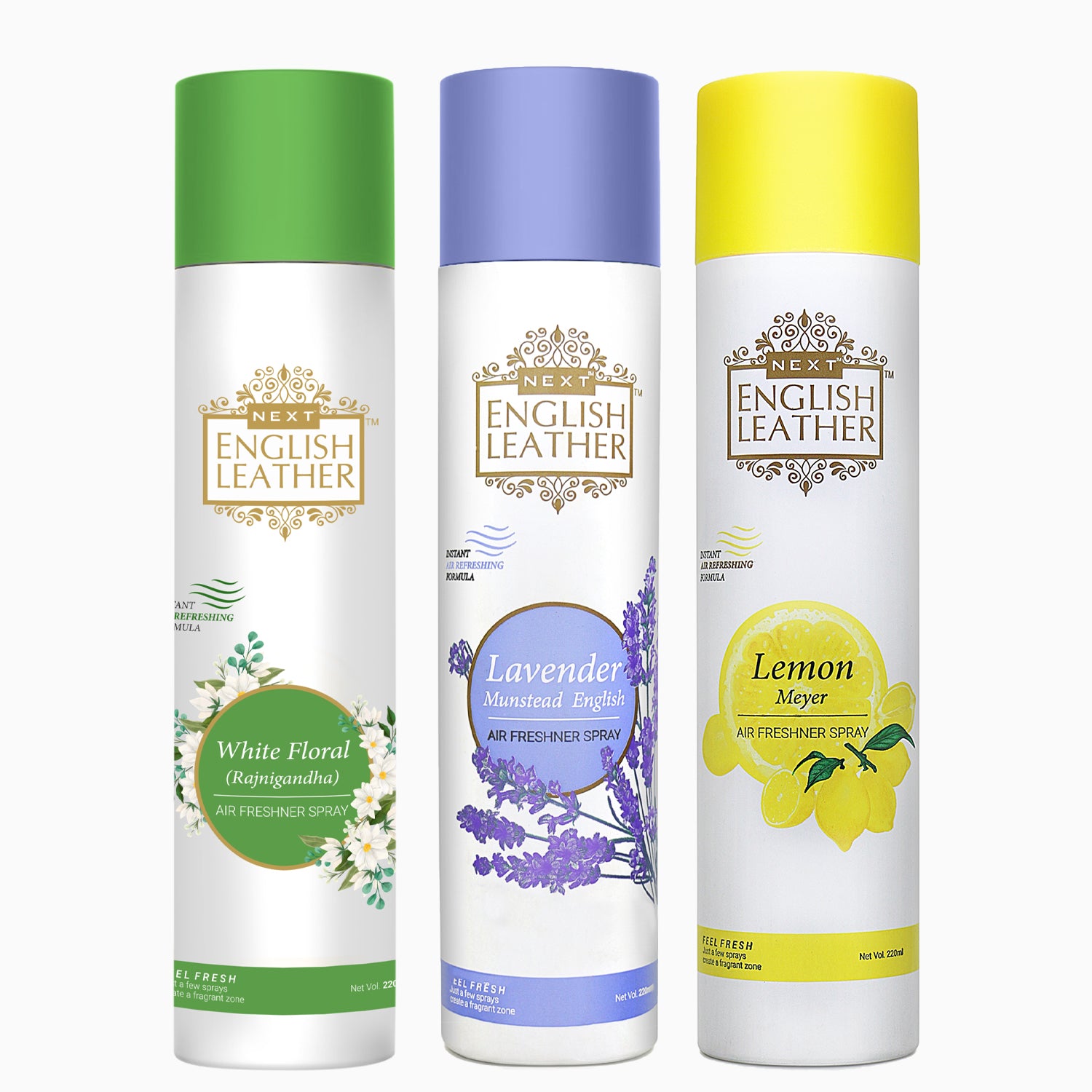 Pack of 3 Air Fresheners Spray (Next English Leather  Lavender  , White Floral and Lemon ) - 220ML Each