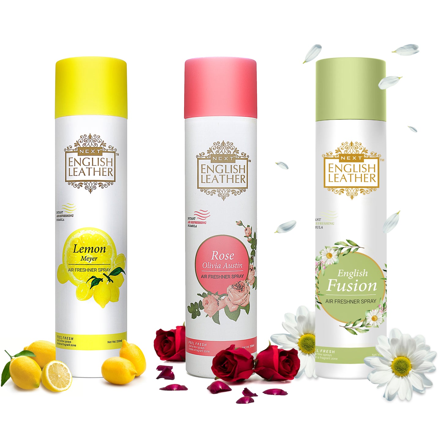 Pack of 3 Air Fresheners Spray (Next English Leather Lemon Meyer, ROSE-Olivia Austin and Fusion ) - 220ML Each